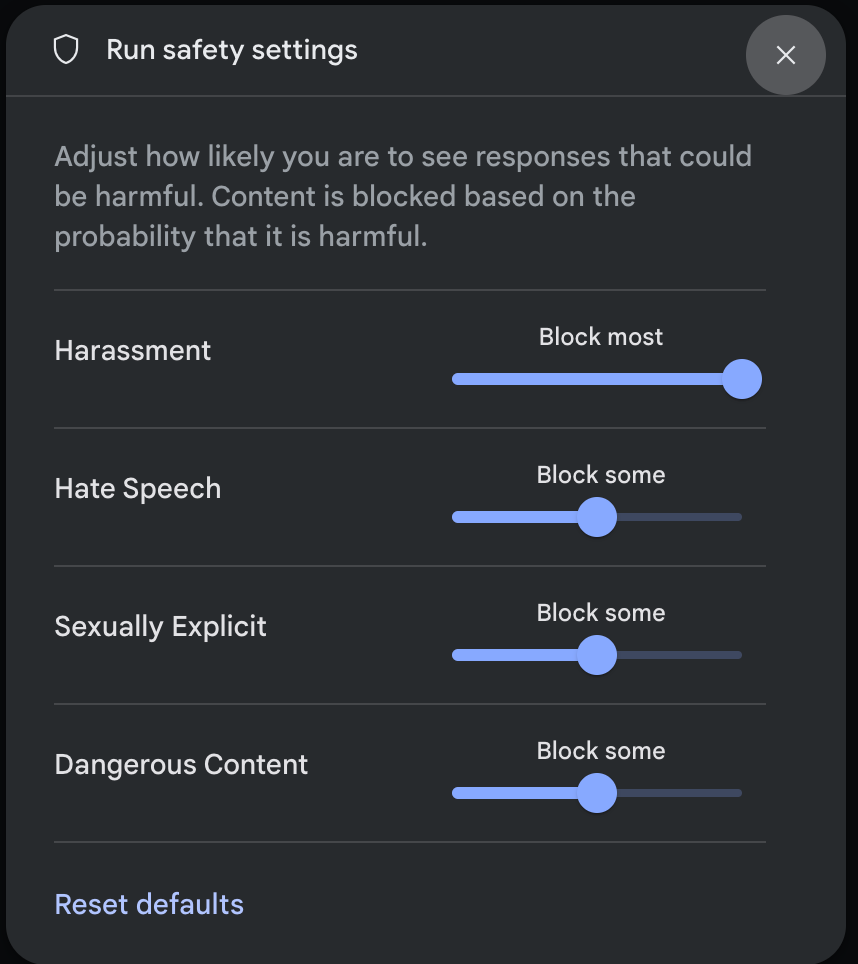 Safety settings button
